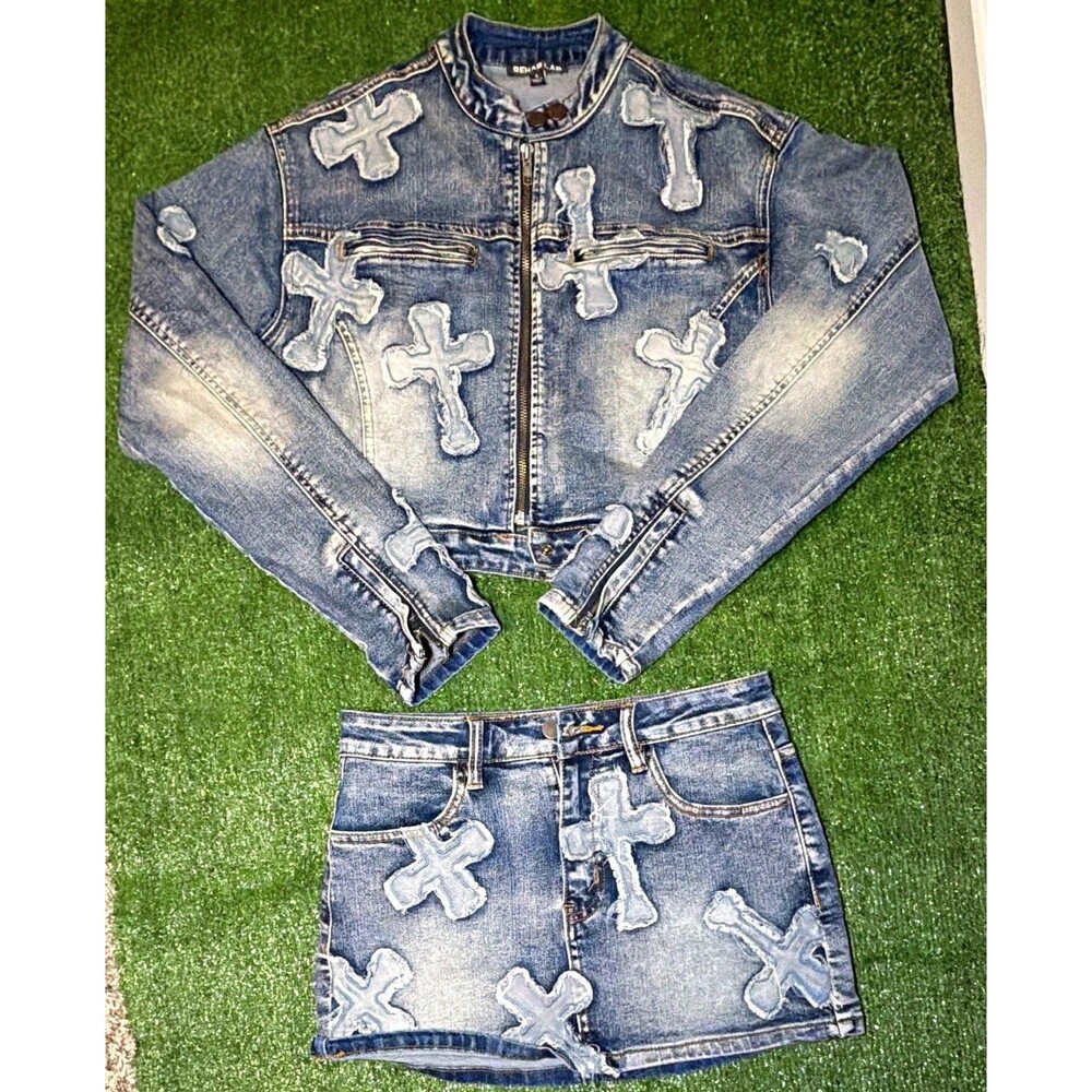 REHAB LAB 2pc Blue Denim Jacket & Skirt Set Cross Embroidered Zip Collared S